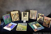 Overview of the collection of 11 art books arranged on black cloth background showing diverse book covers and sizes.