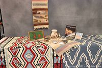 Overview showing woven rugs, wall hangings, pottery, tray, and small decor items arranged on and above a table.