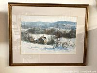 Full view of framed watercolour painting showing winter landscape scene