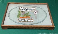 Rectangular serving tray with frosted glass surface featuring Maxwell House Coffee logo and wooden frame