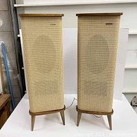Front view of both speakers with woven cloth grilles