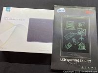 Two boxes shown side by side; left is Huion Creative Pen Tablet HS64, right is Jenzgo 11-inch LCD Writing Tablet in retail box.