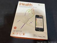Box front view showing iHealth Wireless Blood Pressure Wrist Monitor packaging with device illustration and compatibility information.