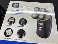 Box of 4D 360° 5 in 1 Grooming Kit showing tool heads including facial cleaning brushes, nose & ear trimmer, and sideburns knife