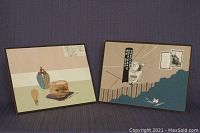 Two Japanese art pieces, ink and paint drawings on board, shown side by side to illustrate the full lot.