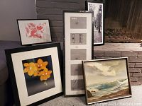 Various framed pictures including a signed oil painting and a framed red flower photo among others arranged on the floor near a fireplace.