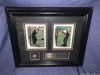 Front view of framed Tiger Woods memorabilia with two photographs, a badge, and engraved nameplate