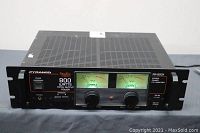 Front view of the Pyramid PA-800X amplifier showing power switch, headphone jack, speaker control switches, and branding.