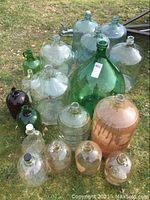 Overview of assorted glass demijohn bottles and jugs arranged outdoors on grass.