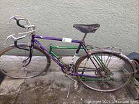 Side view of assembled purple and green bike frame showing front and rear wheels, drop handlebars, and saddle.