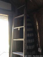 Aluminum extension ladder leaning against a wooden wall inside a shed or garage, with visible rungs and side rails.