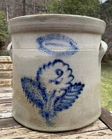Front view showing cobalt blue flower decoration and raised two gallon stamp with Burger & Lang Rochester NY maker's mark.