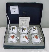 Original box with 6 Royal Worcester Evesham pots de creme without lids, showing fruit motifs on the pots plus included instruction leaflet.