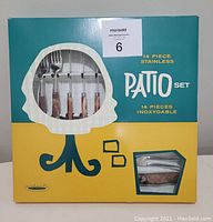 Original box front showing 14 piece stainless steel patio cutlery set by Master Cutlers, featuring Bakelite handles in a retro box design.
