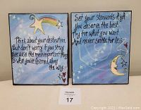 Both hand-painted inspirational quote artworks shown side by side, each with celestial-themed designs on blue backgrounds.