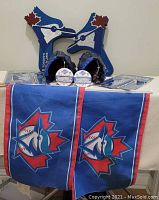 Two foam Blue Jays head hand props with red maple leaves, two kids baseball gloves, two 1992 World Champions pins/buttons, two Blue Jays School Kits, two Blue Jays fan flags with blue jay logo.