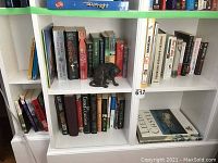 Books on shelves including fiction and nonfiction, arranged vertically, with a visible metal cat figurine on middle shelf
