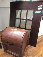 View of both wooden curved-top box and wood & glass frame showing size and details