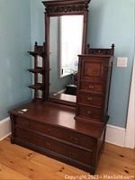 Front view of full dresser showing mirror, side shelving and drawer configuration