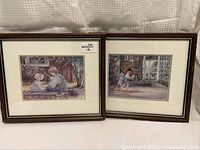 Two framed Tricia Romance prints shown side by side hanging against a white draped background. Both have dark wood frames and white mats.