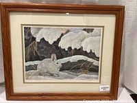 Full front view of framed print showing rabbit winter scene by Alfred S. Chau.