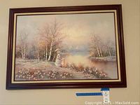 Full view of the framed oil painting showing a forest scene with a lake and two women, size approximately 41 x 29 inches.