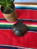 Top view showing the fish shape with carved details on a multicolored striped fabric beside a plant in a pot.