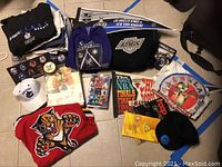 Overall lot overview showing apparel, hats, media and wall decor