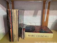 Photo showing LP records, CDs, and a large Marc Chagall art book on a shelf