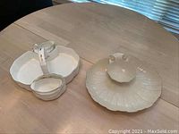 Lenox chip and dip dish with handle, white porcelain with gold trim detailing.