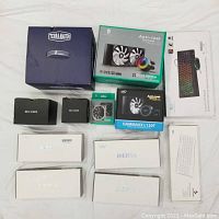Overview of all boxes: NAS, two liquid coolers, keyboard boxes, fan boxes
