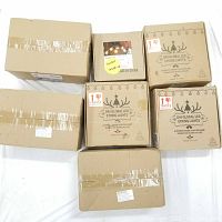 Overview of seven cardboard boxes containing the G40 LED globe string lights.