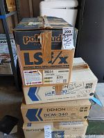Stacked boxes showing Polk Audio LS/FX, Denon DRR-730 cassette deck, Denon DCM-340