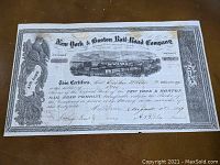 Full view of the stock certificate showing the name, date, ornate borders and vignette with two locomotives.