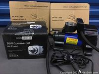 Photo showing one boxed VivoHome 20W Commercial Air Pump with power cord and two boxed lithium-ion battery chargers.
