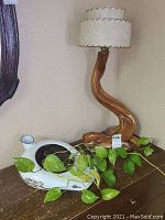 Full view of wood lamp with twisted base and live plant in ceramic bedpan on wooden furniture.