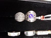Top row showcasing seven sterling silver rings including the large "N" signet ring and assorted designs.