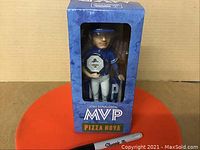 Full view of Josh Donaldson bobblehead packaged in blue Pizza Nova branded box with MVP label.