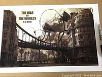 Full view of The War of the Worlds art poster depicting three tripod machines on bridge and city buildings