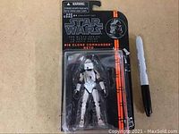Front view of the Star Wars Black Series Clone Commander Neyo 3.75" figure in blister packaging with cardback showing Star Wars branding, figure inside dressed in white clone armor with black and maroon details.