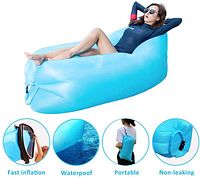 Photo showing a model reclining on the fully inflated light blue lounger, and the lounger folded into a compact portable bag with details of inflation method, waterproofing and portability.