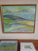 Full view of the framed watercolour painting showing the Irish countryside scene with rolling hills and stone walls.