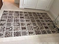 Full view of the area rug placed on a floor showing boxed floral and geometric motifs in brown on a light base.