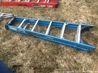 Blue Werner 6-foot ladder lying on grass, showing side rail and rungs