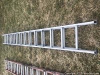 Full-length photo of the aluminum extension ladder laid on grass showing its length and overall condition.