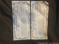 Certificate of authenticity for the tapestry showing number 5583, size 21 x 16 inches and confirming woven wool thread on cotton canvas.