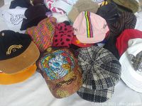 Full view of several hats including various baseball caps, knit beanies, and newsboy caps showing their designs and colors