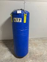 Full view of the blue punching/kicking bag standing on floor, showing overall condition and size.
