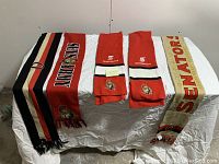 Full view of five Ottawa Senators scarves showing assorted designs, colors, and branding including Senators logo, Sens Army, and Scotiabank sponsorship.
