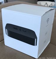 Apple TV box showing image of the device and WiFi, HDMI, 1080p features on side